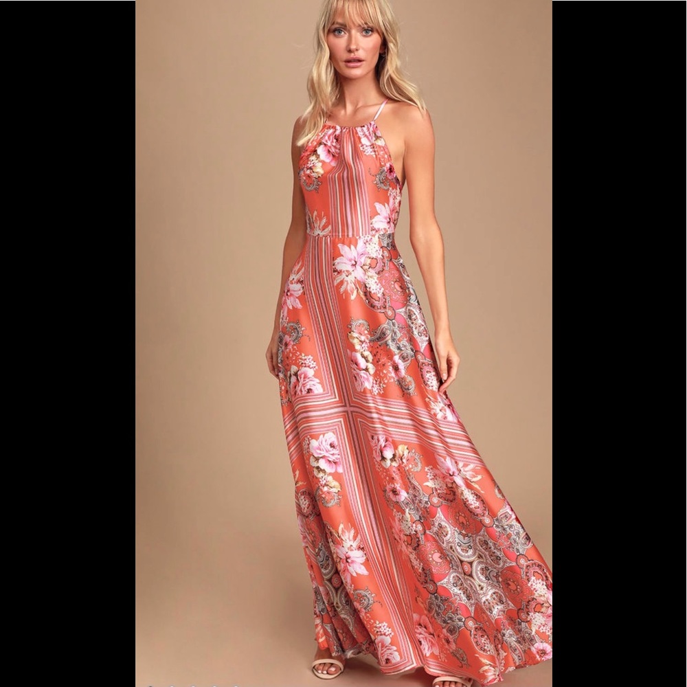 Lulus Coral Pink Scarf Print Halter Dress - large